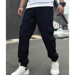 Clearance OUKU Men's Cargo Pants Trousers Drawstring Elastic Waist Multi Pocket Plain Wearable Outdoor Daily Camping & Hiking Fashion Classic Black Army Green