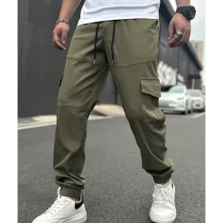 Clearance OUKU Men's Cargo Pants Trousers Drawstring Elastic Waist Multi Pocket Plain Wearable Outdoor Daily Camping & Hiking Fashion Classic Black Army Green