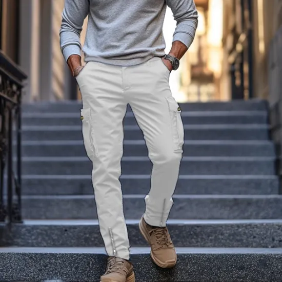 Best OUKU Men's Cargo Pants Trousers Casual Pants Zipper Pocket Plain Comfort Breathable Full Length Casual Daily Holiday Fashion Streetwear Black White Micro-elastic