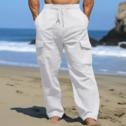 New OUKU Men's Cargo Pants Trousers Summer Pants Beach Pants Drawstring Multi Pocket Straight Leg Plain Comfort Breathable Outdoor Daily Going out Fashion Casual Black White
