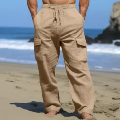New OUKU Men's Cargo Pants Trousers Summer Pants Beach Pants Drawstring Multi Pocket Straight Leg Plain Comfort Breathable Outdoor Daily Going out Fashion Casual Black White