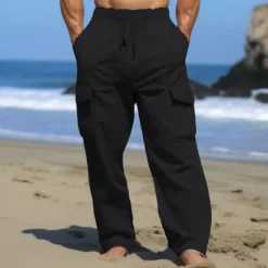 New OUKU Men's Cargo Pants Trousers Summer Pants Beach Pants Drawstring Multi Pocket Straight Leg Plain Comfort Breathable Outdoor Daily Going out Fashion Casual Black White