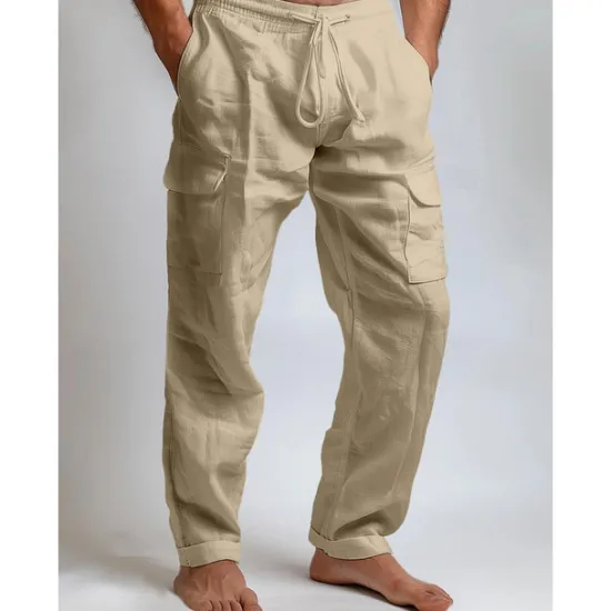Sale OUKU Men's Cargo Pants Trousers Summer Pants Beach Pants Drawstring Elastic Waist Multi Pocket Plain Comfort Breathable Full Length Outdoor Daily Going out Fashion Casual Black White Inelastic