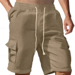 Sale OUKU Men's Cargo Shorts Linen Shorts Summer Shorts Beach Shorts Drawstring Elastic Waist Multi Pocket Plain Comfort Breathable Knee Length Outdoor Work Daily Classic Style Casual Black White