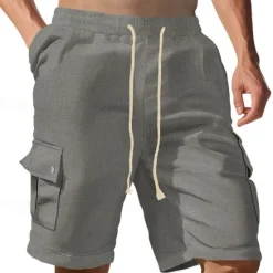 Sale OUKU Men's Cargo Shorts Linen Shorts Summer Shorts Beach Shorts Drawstring Elastic Waist Multi Pocket Plain Comfort Breathable Knee Length Outdoor Work Daily Classic Style Casual Black White