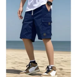 OUKU Men's Cargo Shorts Shorts Summer Shorts Drawstring Elastic Waist Multi Pocket Plain Comfort Wearable Knee Length Outdoor Sport Daily Fashion Casual Black Navy Blue