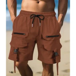 Discount OUKU Men's Cargo Shorts Shorts Summer Shorts Drawstring Elastic Waist Multi Pocket Plain Comfort Wearable Knee Length Outdoor Sport Daily Fashion Casual Black Brown