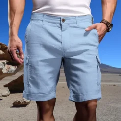New OUKU Men's Cargo Shorts Shorts Linen Shorts Summer Shorts Pocket Plain Comfort Breathable Outdoor Daily Going out Fashion Casual White Sky Blue