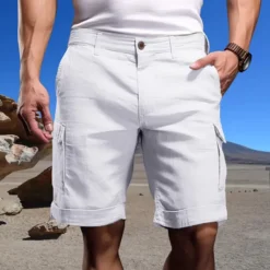 New OUKU Men's Cargo Shorts Shorts Linen Shorts Summer Shorts Pocket Plain Comfort Breathable Outdoor Daily Going out Fashion Casual White Sky Blue