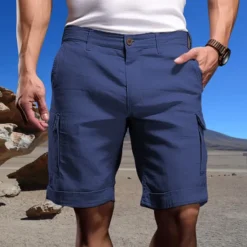 New OUKU Men's Cargo Shorts Shorts Linen Shorts Summer Shorts Pocket Plain Comfort Breathable Outdoor Daily Going out Fashion Casual White Sky Blue