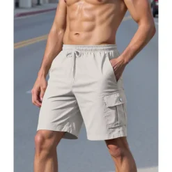 Hot OUKU Men's Cargo Shorts Shorts Summer Shorts Drawstring Elastic Waist Multi Pocket Plain Comfort Wearable Knee Length Outdoor Sport Daily Fashion Casual Black White