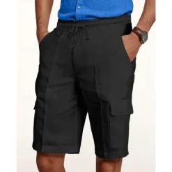 Online OUKU Men's Cargo Shorts Shorts Linen Shorts Summer Shorts Beach Shorts Drawstring Elastic Waist Multi Pocket Plain Knee Length Outdoor Casual Daily Vacation Casual Black White Inelastic