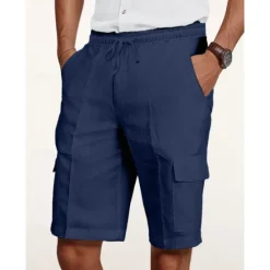 Online OUKU Men's Cargo Shorts Shorts Linen Shorts Summer Shorts Beach Shorts Drawstring Elastic Waist Multi Pocket Plain Knee Length Outdoor Casual Daily Vacation Casual Black White Inelastic
