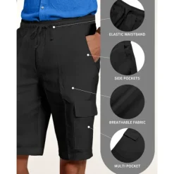 Online OUKU Men's Cargo Shorts Shorts Linen Shorts Summer Shorts Beach Shorts Drawstring Elastic Waist Multi Pocket Plain Knee Length Outdoor Casual Daily Vacation Casual Black White Inelastic
