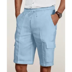 Online OUKU Men's Cargo Shorts Shorts Linen Shorts Summer Shorts Beach Shorts Drawstring Elastic Waist Multi Pocket Plain Knee Length Outdoor Casual Daily Vacation Casual Black White Inelastic