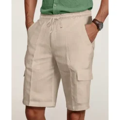 Online OUKU Men's Cargo Shorts Shorts Linen Shorts Summer Shorts Beach Shorts Drawstring Elastic Waist Multi Pocket Plain Knee Length Outdoor Casual Daily Vacation Casual Black White Inelastic
