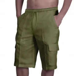 Sale OUKU Men's Cargo Shorts Shorts Linen Shorts Summer Shorts Beach Shorts Drawstring Elastic Waist Multi Pocket Plain Knee Length Beach Hawaiian Casual Black White Inelastic