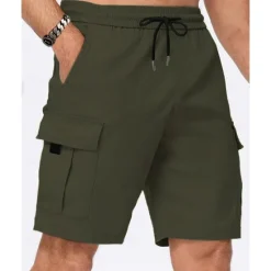Online OUKU Men's Cargo Shorts Shorts Summer Shorts Drawstring Elastic Waist Multi Pocket Plain Comfort Wearable Knee Length Outdoor Sport Daily Fashion Casual Black Khaki