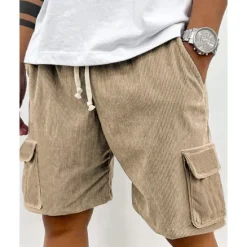 Online OUKU Men's Cargo Shorts Shorts Summer Shorts Corduroy Shorts Drawstring Elastic Waist Multi Pocket Plain Comfort Wearable Knee Length Outdoor Sport Daily Fashion Casual Black Light Green