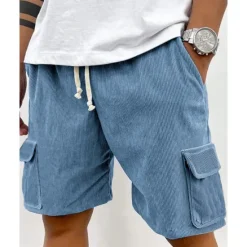 Online OUKU Men's Cargo Shorts Shorts Summer Shorts Corduroy Shorts Drawstring Elastic Waist Multi Pocket Plain Comfort Wearable Knee Length Outdoor Sport Daily Fashion Casual Black Light Green
