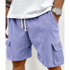 Online OUKU Men's Cargo Shorts Shorts Summer Shorts Corduroy Shorts Drawstring Elastic Waist Multi Pocket Plain Comfort Wearable Knee Length Outdoor Sport Daily Fashion Casual Black Light Green