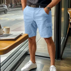 Best OUKU Men's Cargo Shorts Shorts Linen Shorts Summer Shorts Pocket Plain Comfort Breathable Business Daily Business Casual White Navy Blue