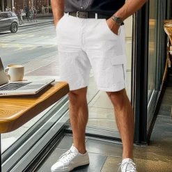 Best OUKU Men's Cargo Shorts Shorts Linen Shorts Summer Shorts Pocket Plain Comfort Breathable Business Daily Business Casual White Navy Blue
