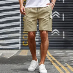OUKU Men's Cargo Shorts Shorts Summer Shorts Drawstring Elastic Waist Multi Pocket Plain Comfort Wearable Short Outdoor Sport Daily Fashion Casual Black Khaki