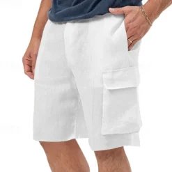 Hot OUKU Men's Cargo Shorts Shorts Linen Shorts Summer Shorts Beach Shorts Drawstring Elastic Waist Multi Pocket Plain Comfort Breathable Knee Length Outdoor Daily Going out Classic Style Casual Black White