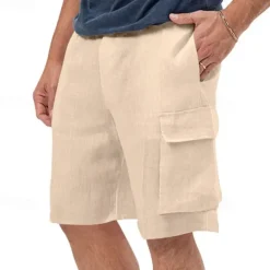 Hot OUKU Men's Cargo Shorts Shorts Linen Shorts Summer Shorts Beach Shorts Drawstring Elastic Waist Multi Pocket Plain Comfort Breathable Knee Length Outdoor Daily Going out Classic Style Casual Black White