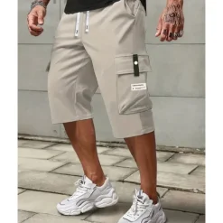 Hot OUKU Men's Cargo Shorts Summer Shorts Capri shorts Drawstring Elastic Waist Multi Pocket Plain Comfort Wearable Calf-Length Outdoor Sport Daily Fashion Casual Black Khaki