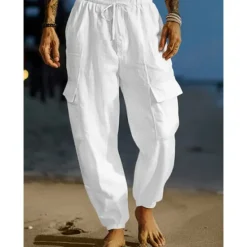 Clearance OUKU Men's Cargo Trousers Linen Pants Summer Pants Beach Pants Drawstring Elastic Waist Multi Pocket Plain Comfort Breathable Full Length Outdoor Daily Holiday Vacation Fashion Black White