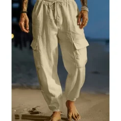 Clearance OUKU Men's Cargo Trousers Linen Pants Summer Pants Beach Pants Drawstring Elastic Waist Multi Pocket Plain Comfort Breathable Full Length Outdoor Daily Holiday Vacation Fashion Black White