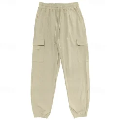 Clearance OUKU Men's Cargo Trousers Linen Pants Summer Pants Beach Pants Drawstring Elastic Waist Multi Pocket Plain Comfort Breathable Full Length Outdoor Daily Holiday Vacation Fashion Black White