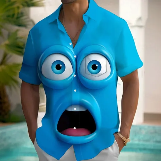 OUKU Men's Cartoon Funny Smile Face Shirt Summer Shirt Button Up Shirt Short Sleeve Fashion Casual Outdoor Vacation Dailywear Summer Spring Turndown 3D Print Collared Shirts Front One Pocket Yellow Blue