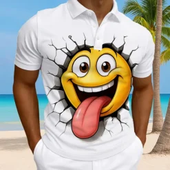 Clearance OUKU Men's Cartoon Funny Smile Face Polo Short Sleeve Polo Shirts Collared Shirts Casual Athleisure Daily Wear 3D Print Buttons Summer Yellow Red Blue