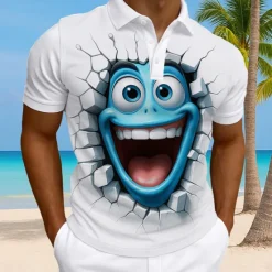 Clearance OUKU Men's Cartoon Funny Smile Face Polo Short Sleeve Polo Shirts Collared Shirts Casual Athleisure Daily Wear 3D Print Buttons Summer Yellow Red Blue