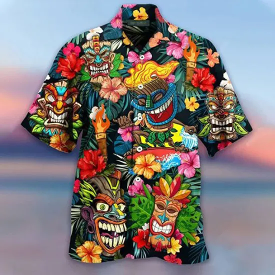 Clearance OUKU Men's Cartoon Mask Tropical Plants Summer Hawaiian Shirt Camp Collar Shirt Aloha Shirt Short Sleeve Shirt Turndown Fashion Hawaiian Designer Outdoor Street Casual Yellow Red Blue S M L