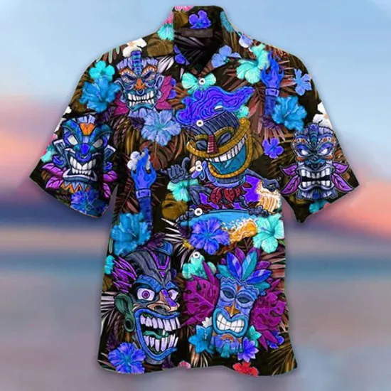 Clearance OUKU Men's Cartoon Mask Tropical Plants Summer Hawaiian Shirt Camp Collar Shirt Aloha Shirt Short Sleeve Shirt Turndown Fashion Hawaiian Designer Outdoor Street Casual Yellow Red Blue S M L