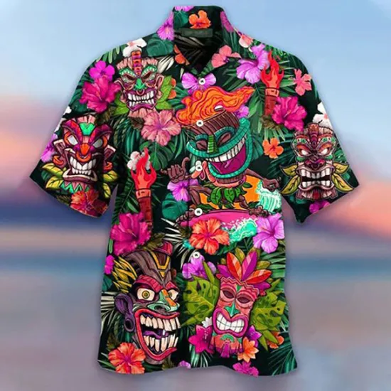 Clearance OUKU Men's Cartoon Mask Tropical Plants Summer Hawaiian Shirt Camp Collar Shirt Aloha Shirt Short Sleeve Shirt Turndown Fashion Hawaiian Designer Outdoor Street Casual Yellow Red Blue S M L