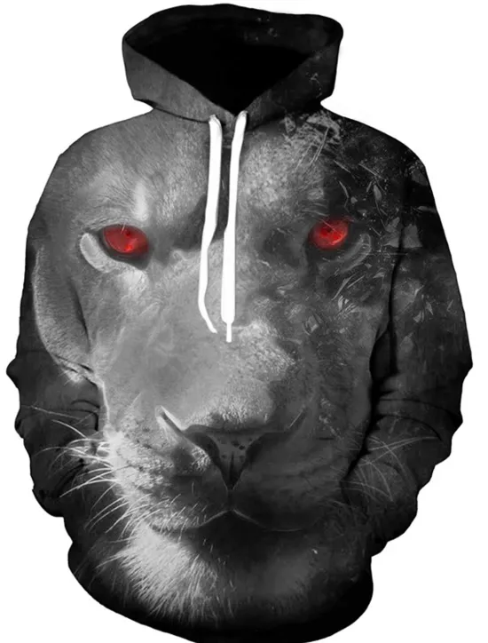 Discount OUKU Men's Cartoon Wolf 3D Hoodie Hoodies Sweatshirt Basic Casual Long Sleeve Hooded Black And White Black-White Summer Spring Designer