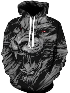 Discount OUKU Men's Cartoon Wolf 3D Hoodie Hoodies Sweatshirt Basic Casual Long Sleeve Hooded Black And White Black-White Summer Spring Designer