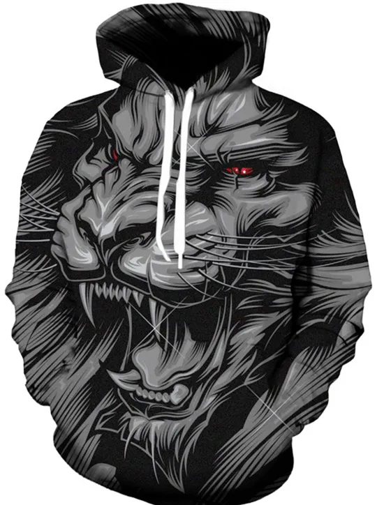 Discount OUKU Men's Cartoon Wolf 3D Hoodie Hoodies Sweatshirt Basic Casual Long Sleeve Hooded Black And White Black-White Summer Spring Designer