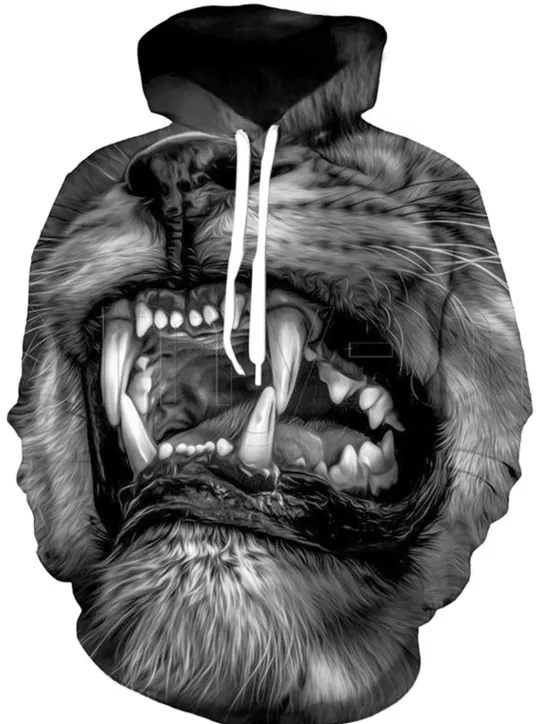 Discount OUKU Men's Cartoon Wolf 3D Hoodie Hoodies Sweatshirt Basic Casual Long Sleeve Hooded Black And White Black-White Summer Spring Designer