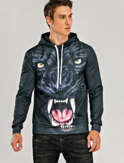Discount OUKU Men's Cartoon Wolf 3D Hoodie Hoodies Sweatshirt Basic Casual Long Sleeve Hooded Black And White Black-White Summer Spring Designer