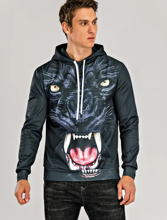 Discount OUKU Men's Cartoon Wolf 3D Hoodie Hoodies Sweatshirt Basic Casual Long Sleeve Hooded Black And White Black-White Summer Spring Designer