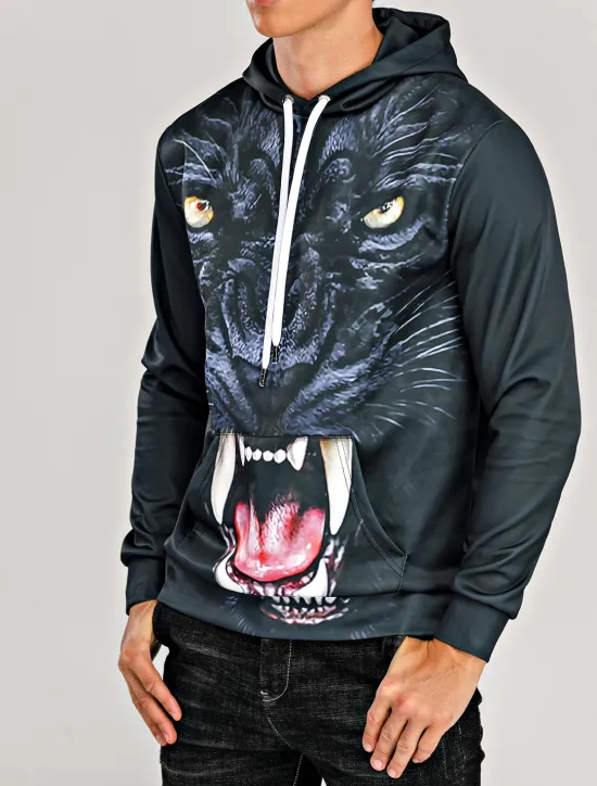 Discount OUKU Men's Cartoon Wolf 3D Hoodie Hoodies Sweatshirt Basic Casual Long Sleeve Hooded Black And White Black-White Summer Spring Designer