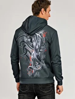 Discount OUKU Men's Cartoon Wolf 3D Hoodie Hoodies Sweatshirt Basic Casual Long Sleeve Hooded Black And White Black-White Summer Spring Designer