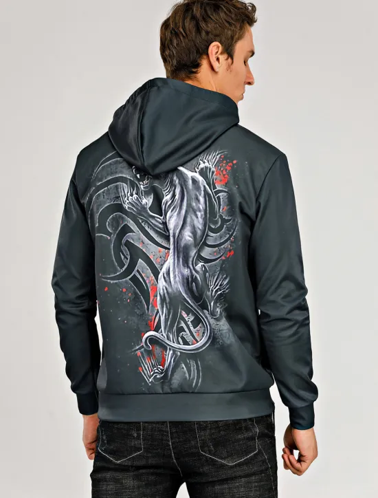 Discount OUKU Men's Cartoon Wolf 3D Hoodie Hoodies Sweatshirt Basic Casual Long Sleeve Hooded Black And White Black-White Summer Spring Designer
