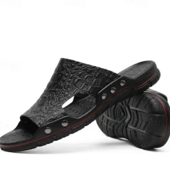 Hot OUKU Men's Casual Brown Slide Sandals with Crocodile Pattern and Durable Rubber Sole – Comfortable Outdoor Footwear for Summer, Beach and Daily Wear